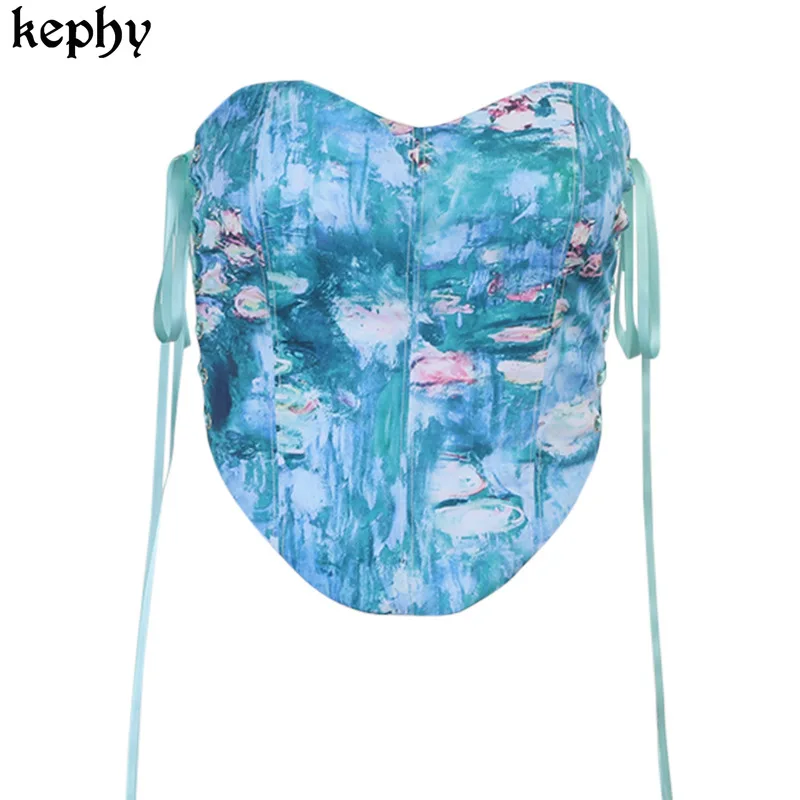 

2021 Women spring Summer sexy printing Lace Waist women tops tank tops crop top women clothing for Summer
