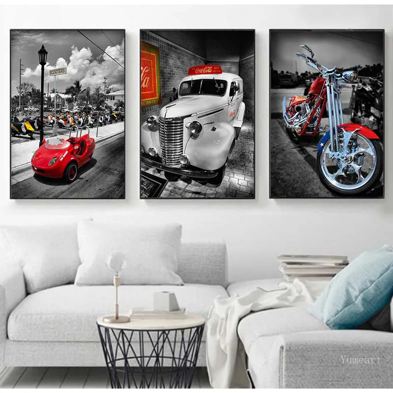 Современный мотоцикл и красный белый автомобиль пейзаж холст постер с пейзажом