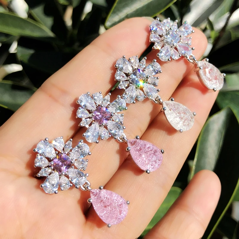 Винтажный цветок в капле Длинная подвеска и серьги-подвески для женщин Кристалл