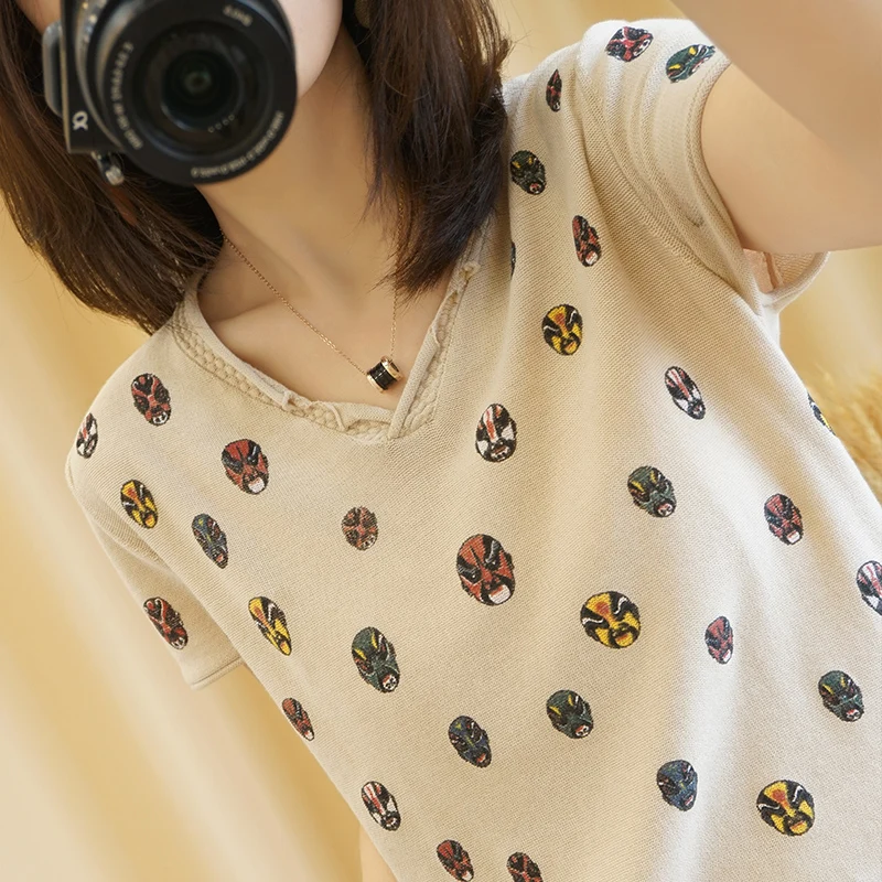

Spring/Summer 2021 new V-neck cotton linen knitted short-sleeved women's print face loose half-sleeve casual cotton T-shirt thin