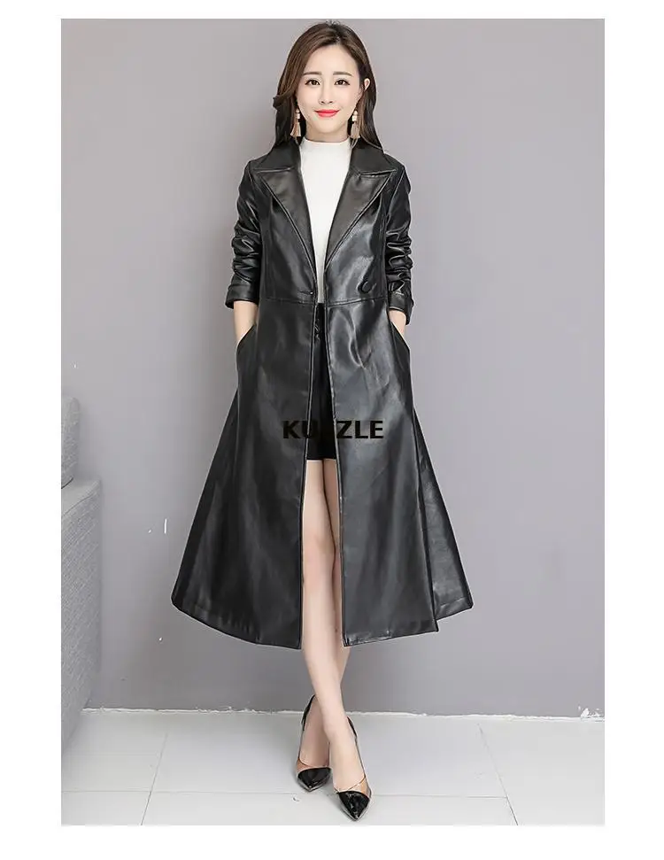 

Keep warm Black and Red Color Long Spring Thick Women Leather Coat Long Sleeve Waist Strap Pocket Female Thick leather jackets