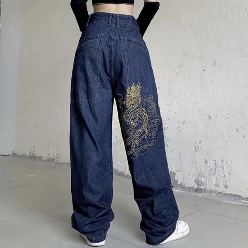 

2021 new American retro embroidery jeans women street hip-hop wild wide-leg pants couples plus size casual loose jeans trousers