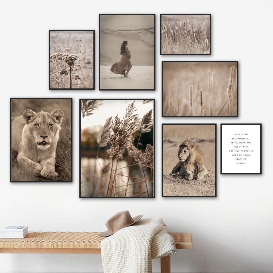 

Girl Desert Lake Reed Lion Natural Scenery Wall Art Canvas Painting Nordic Poster And Prints Wall Pictures For Living Room Decor