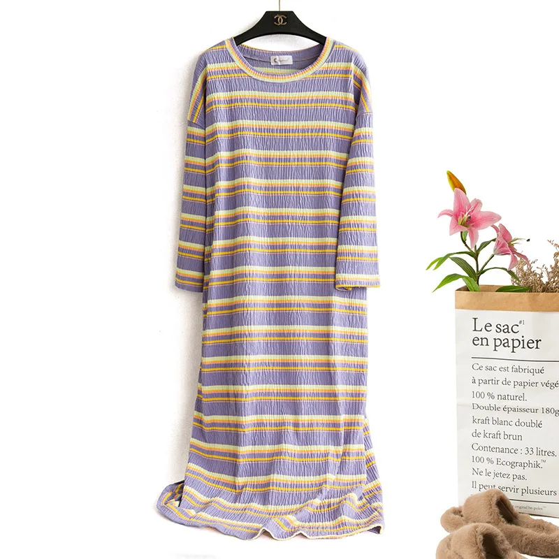

Summer Autumn Bubble 100% Cotton Striped Long-Sleeved Nightdress Female Loose Korean Pijamas Cute Sweet Student Sleepwear