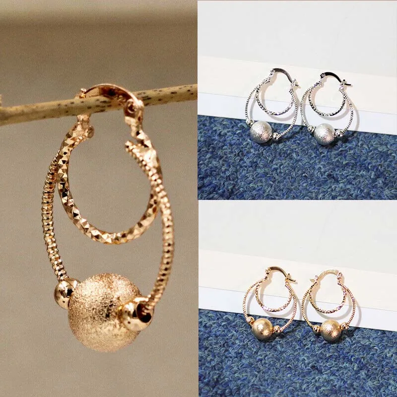 

Women Hoop Gold Color Bohemian 2-layer Circle in Ball Stud Earrings Dangle