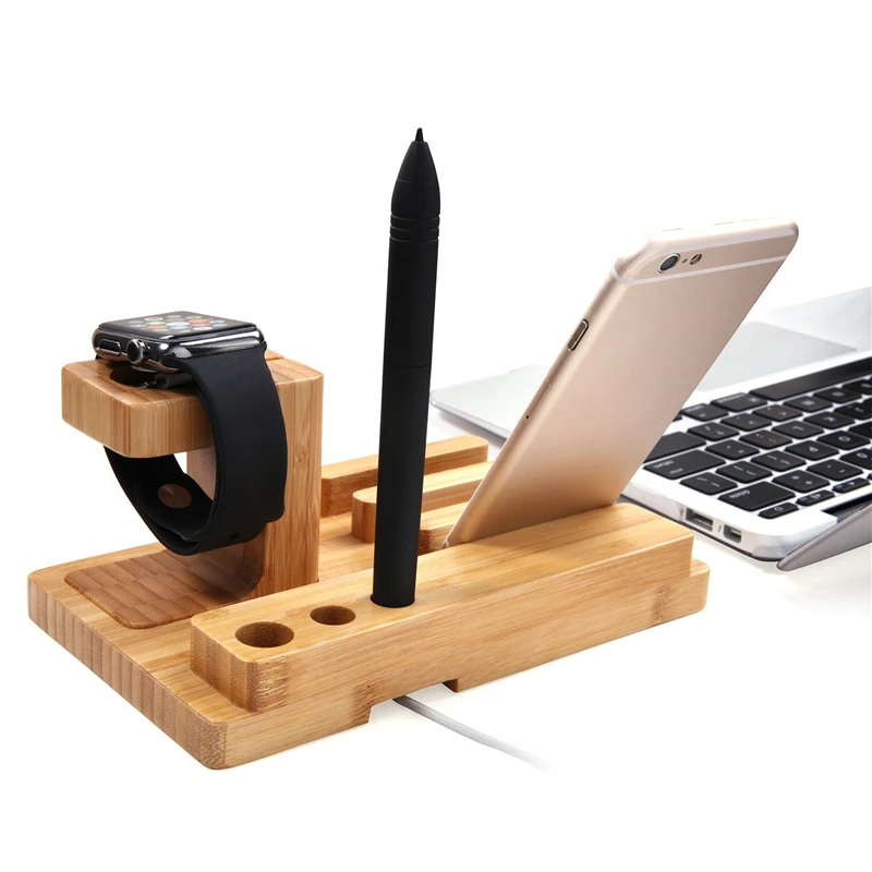 

New Desktop Mobile Phone Holder Stand for iPad Tablet Bracket Real Bamboo Wood Charging Stand for Apple Watch Pad Phone Tablet