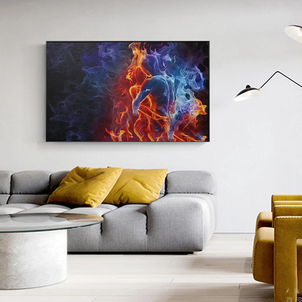 

Abstract Ice And Fire Hand in Hand Canvas Painting Love Artwork Posters and Prints Wall Art Pictures for Living Room Home Decor