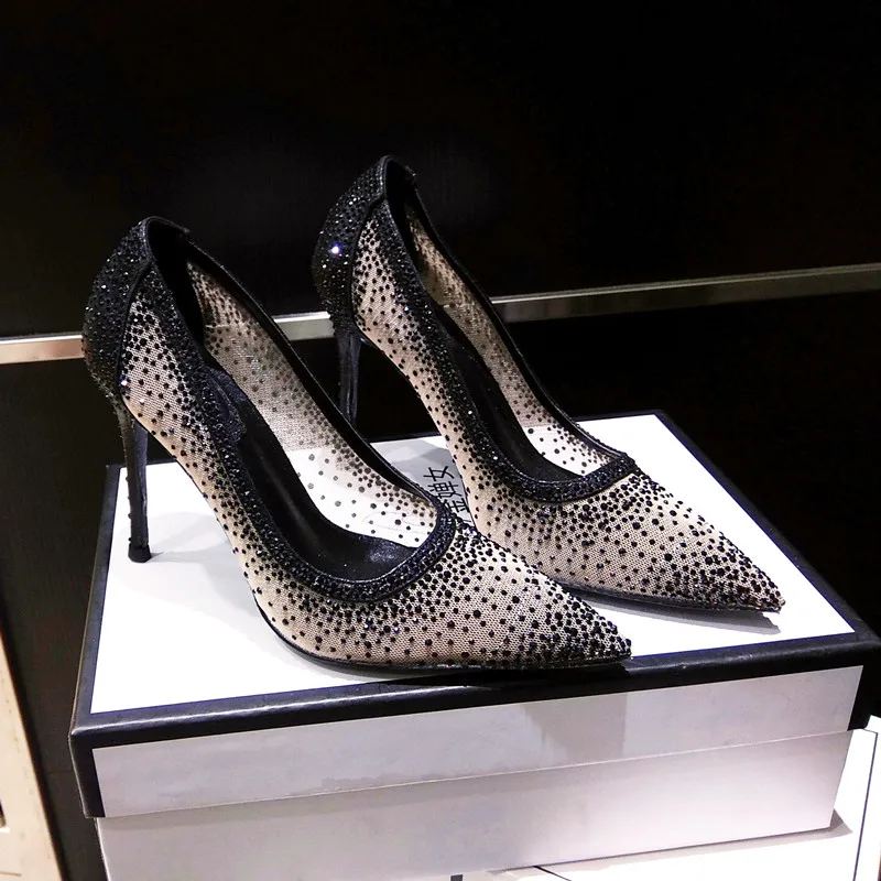 

2020 new style fashion mesh black crystal Rhinestone pointy toe heels stiletto high heel shoes bridal wedding shoes