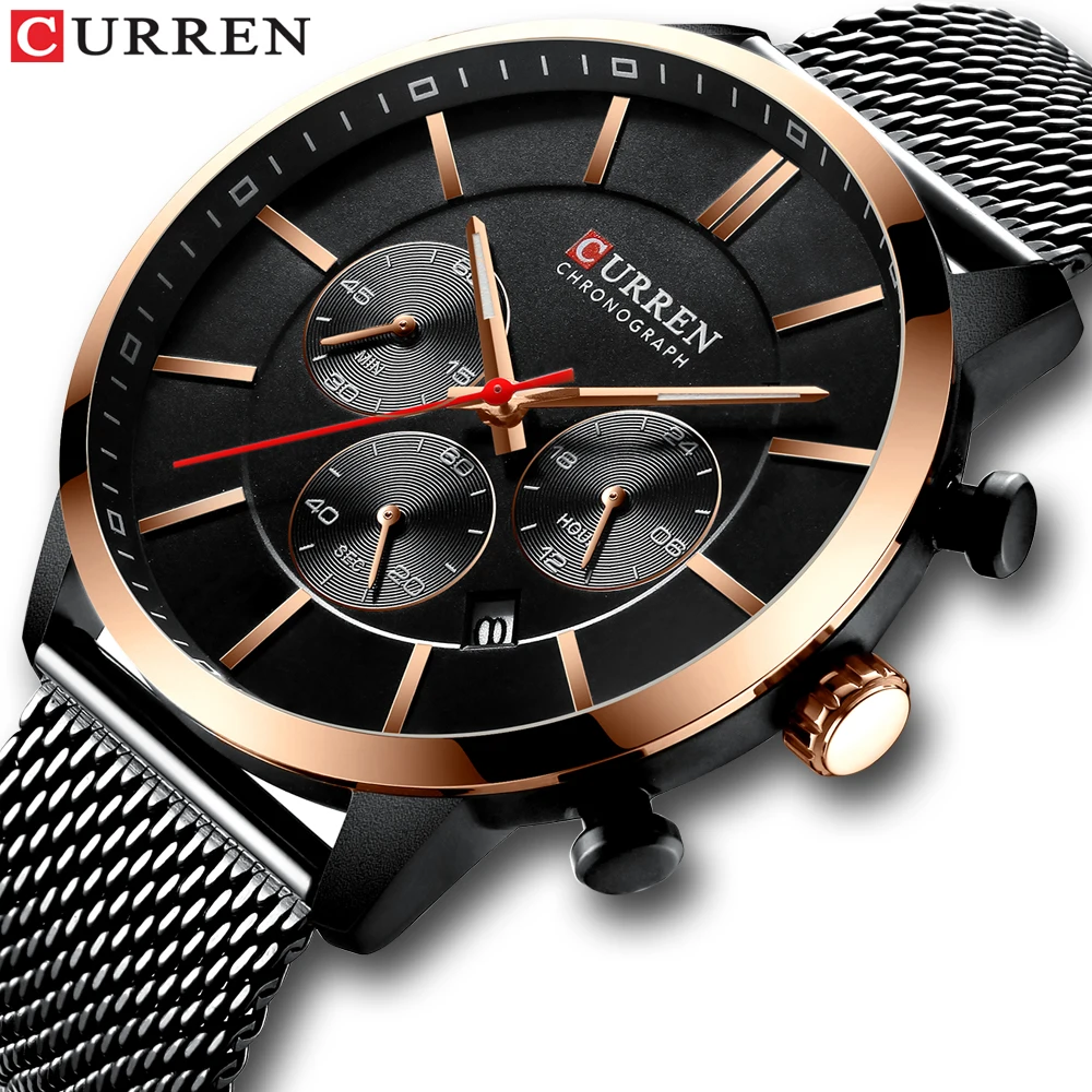 

Новинка 2021 года, мужские классические деловые тонкие кварцевые часы CURREN, стильные спортивные часы с хронографом и сетчатыми стальными черн...