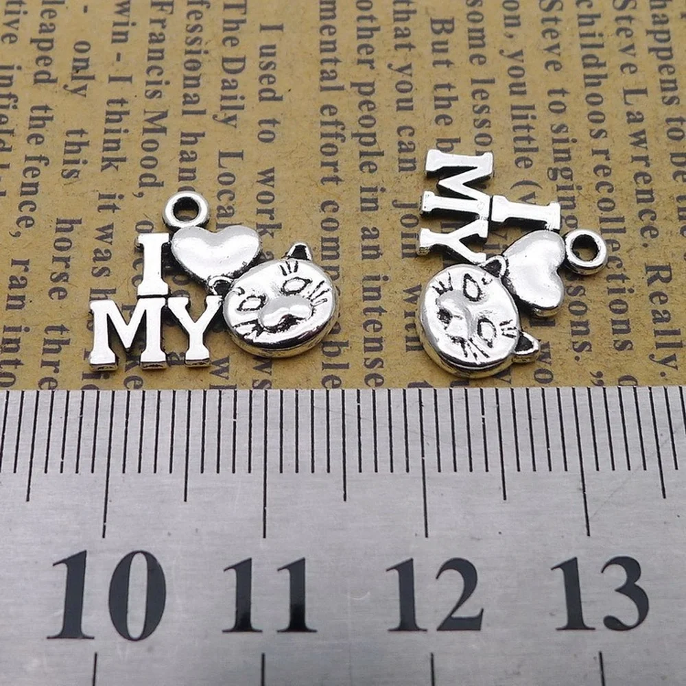 

200pcs I Love Cat Charms 14mm x 17mm DIY Jewelry Making Pendant Antique Silver Color
