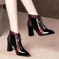 high heeled ankle boots womanfallwinter warm shoeswomens bootiespointed toethick heelmixed colorsblue wine reddropship