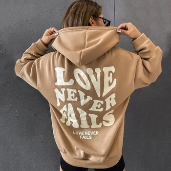 Love Never Fails Print Letter Hoodies Women Sweatshirt Y2k Khaki Autumn Vintage Oversized Harajuku Loose Tops Casual Pullovers 1