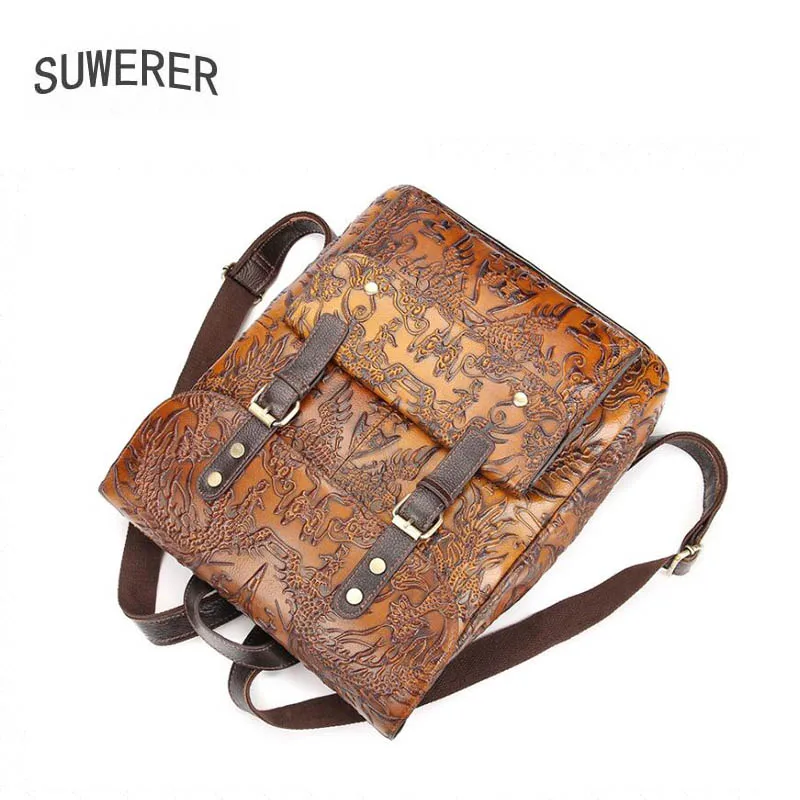 

SUWERER 2020 New backpack women Genuine Leather bag Retro fashion Retro fashion cowhide Embossed bag Large capacity backpack
