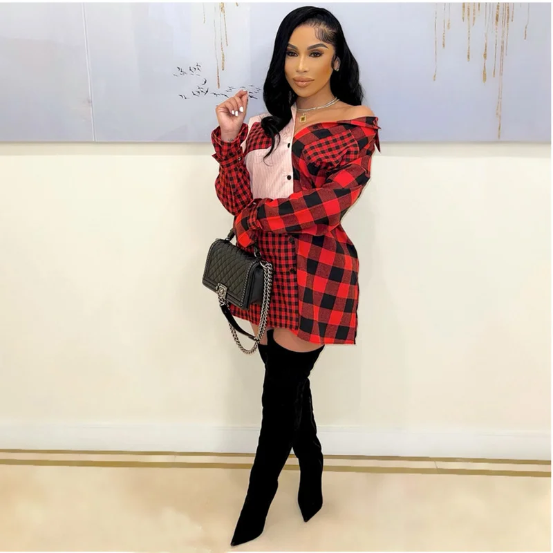 

Color Block Plaid Print Shirt Women's Dresses Turn Down Collar Full Sleeve Blouse Dress Casual Single Breasted Loose Short Dress