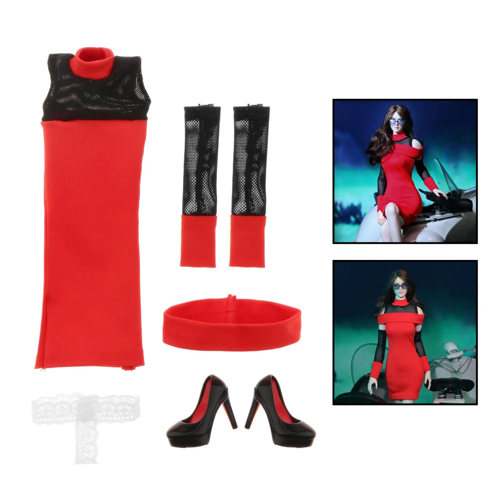 

1/6 Female Red Tight Dress High-heeled Shoes for 12" Figure Body