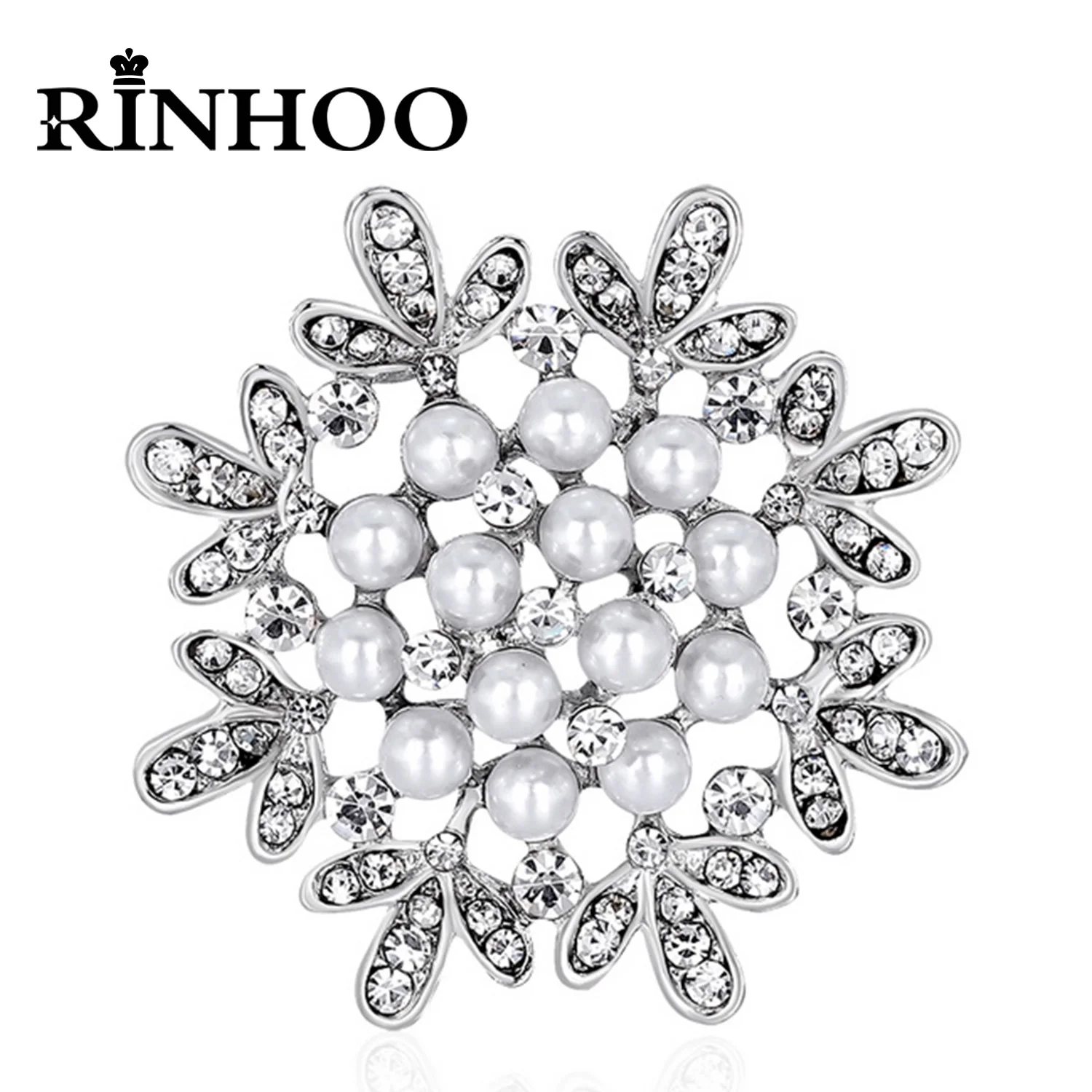 

Rinhoo Fashion Crystal Brooch Elegant Snowflake Brooches Lapel Pins Rhinestone Imitation Pearl Flower Corsage Wedding Jewelry