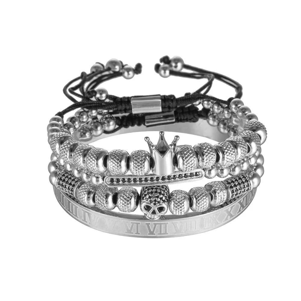 Punk 4pcs/set Classical Braiding Bracelet Set Gold Hip Hop Men Pave CZ Zircon Skull Roman Numeral Bracelet Bangle Luxury Jewelry