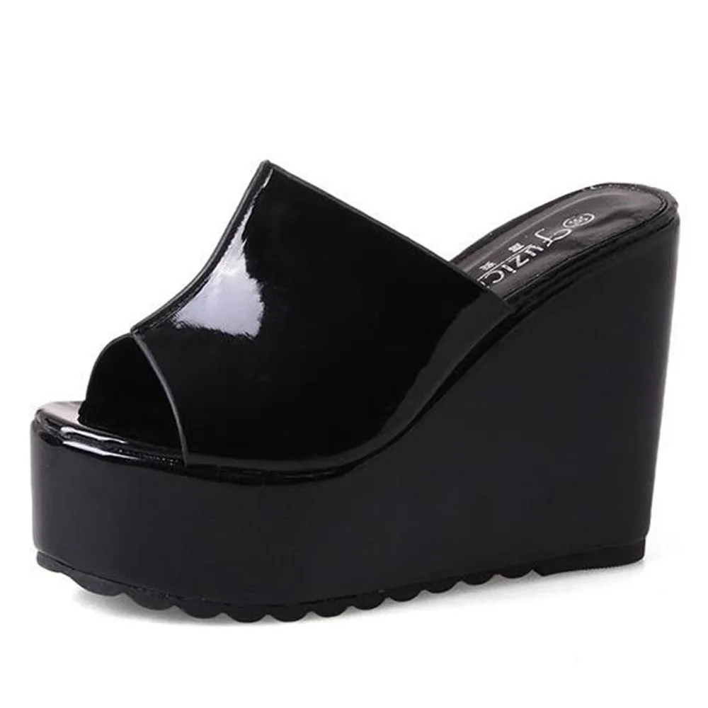 

2021 New Female Platform Wedge Peep Toe Slippers Summer Shoes Women Sexy Super High Sandal Slides Black White Apricot Pink Mules