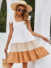 SRUBY Ruffle Trim Colorblock Smock Dress Female Maxi Dress Beach Holiday Robe Dress Bohemian Long Lace Up Belted Vestidos (4)
