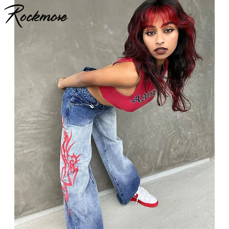 

Rockmore Gradient Baggy Mom Jeans Vintage Print Low Waist Wide Leg Cargo Pants Women 90s Aesthetic Denim Trousers Streetwear Y2K