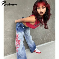 rockmore gradient baggy mom jeans vintage print low waist wide leg cargo pants women 90s aesthetic denim trousers streetwear