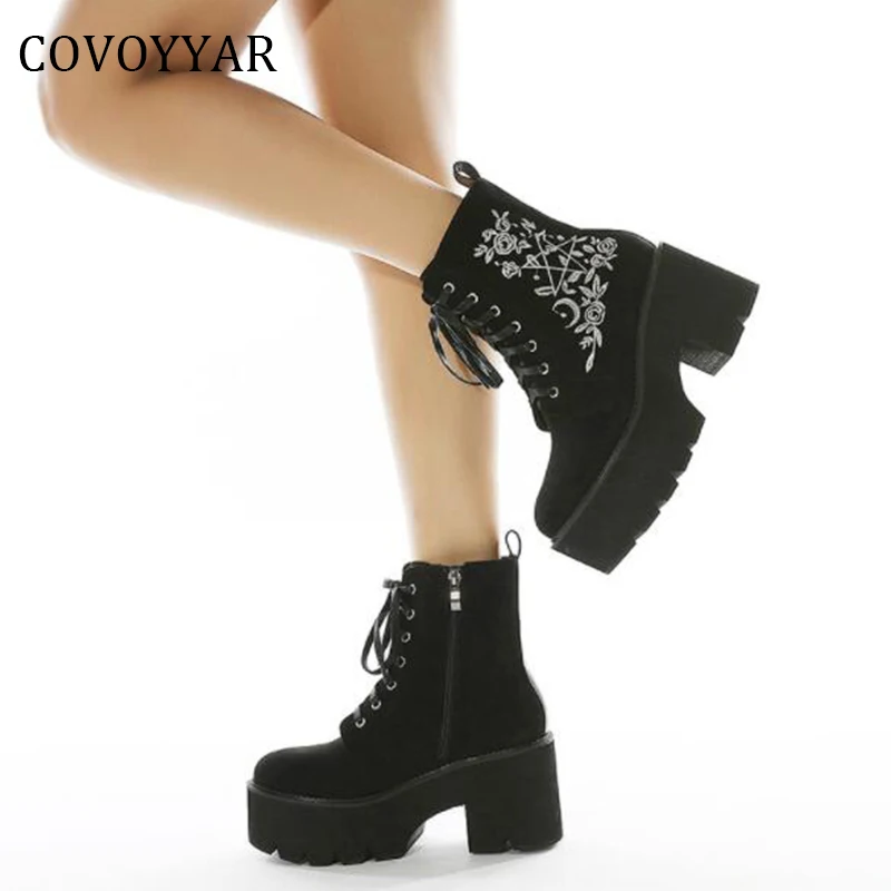 

COVOYYAR Embrodiered Black Women Boots Punk Autumn Winter Platform Ankle Boots Black Shoes for Woman Chunky Sole WBS4148