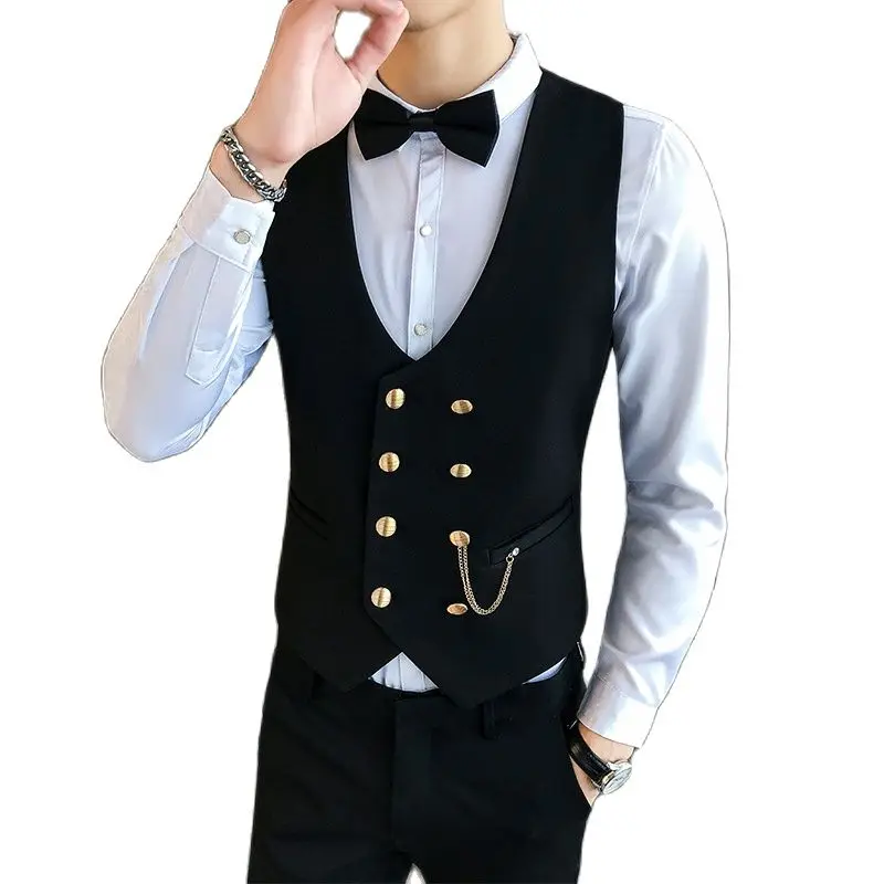 

Fashion Men suit Vest Black Gray Navy Blue Men V-neck Vests Slim Design Business Banquet Men Vest Double-breasted Size 4XL 5XL