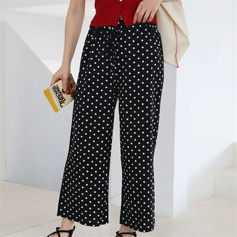 

HziriP 2020 Women Female Polka Dots Straight Chiffon Thin Summer High Waist Chic Loose Casual Wild Soft Stylish Wide Leg Pants