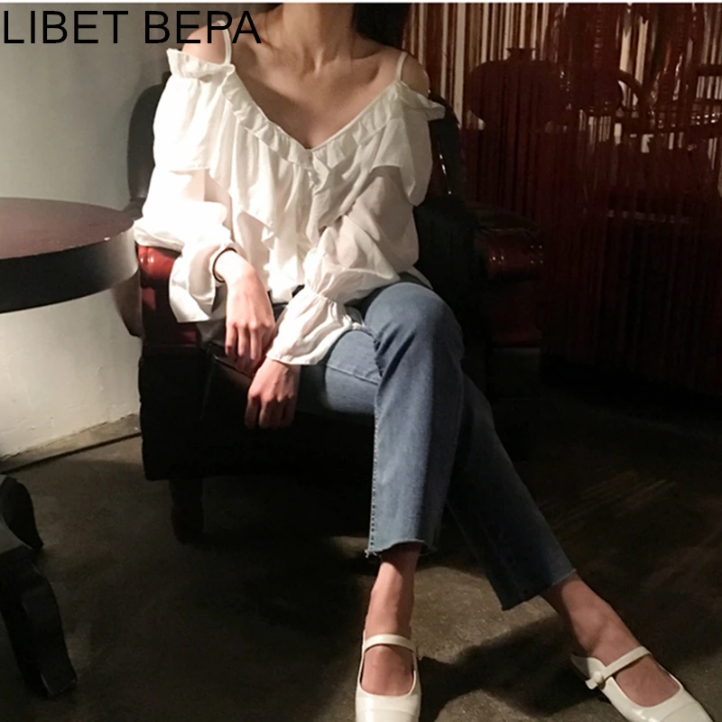 

New 2021 Spring Summer Women's Blouse V-Neck Casual Fashionable Sexy Off Shoulder Shirt Lace Up Lantern Sleeve Lady Tops BL123