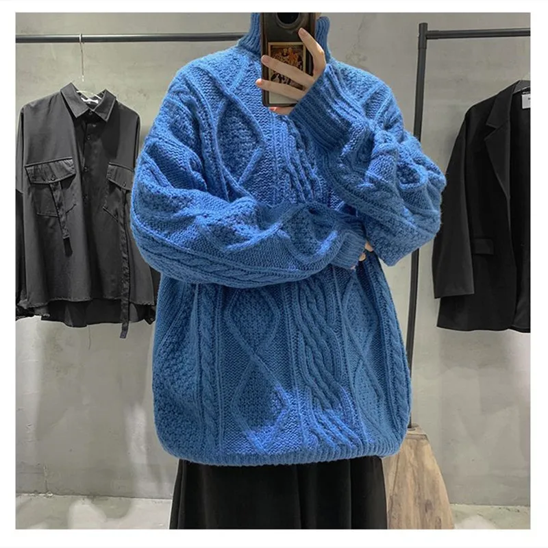 

2021 New High Neck Warm Sweater Male Thicken Loose Sweater Vintage sweater Trend Autumn Winter Solid color Thick Sweater Men