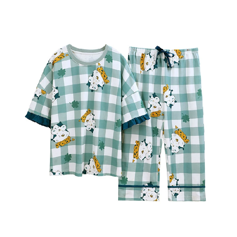 

COLENFAISH Women's Cotton Pajamas Fashion Lotus Edge Ladies Summer Five-cent Sleeve Cute Cartoon Printing Sweet Women Sleepwear