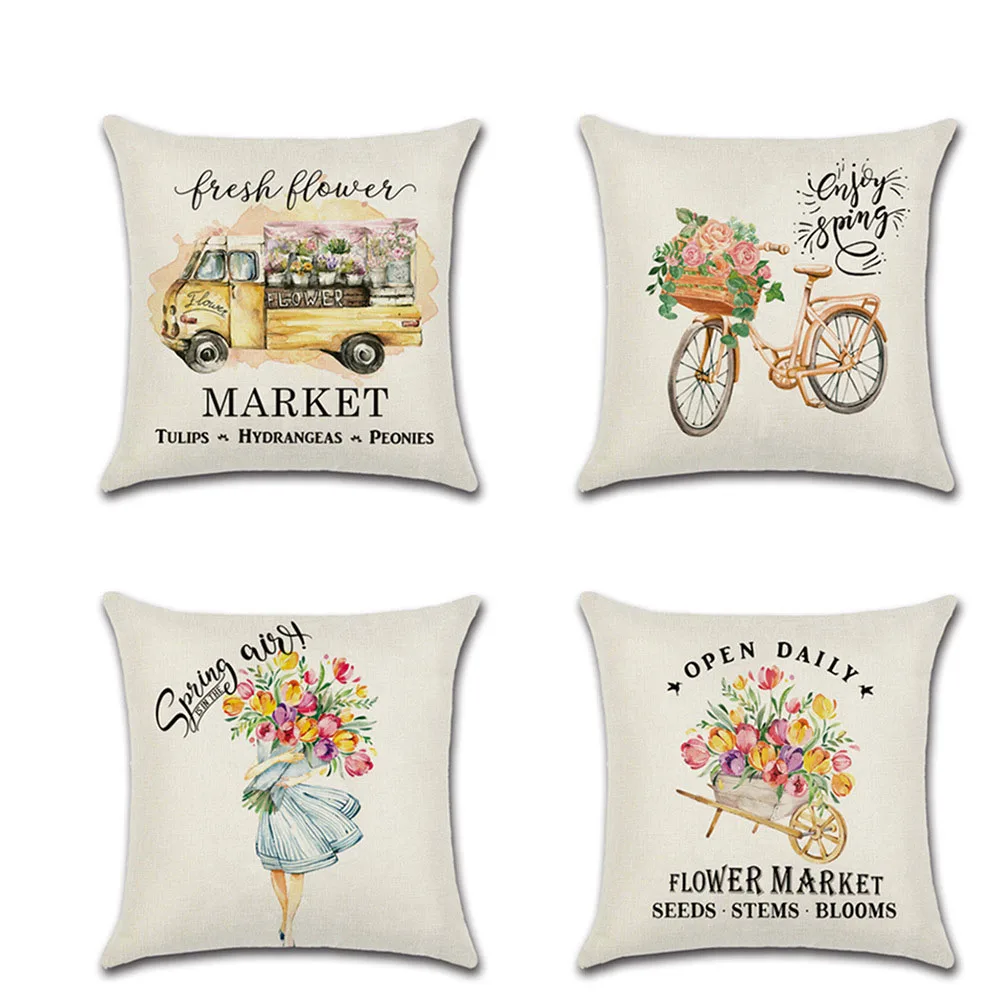 

Summer Flower Truck Linen Pillow Covers Cartoon Bicycle Girl Pattern Pillowcase Home Decor 45*45cm