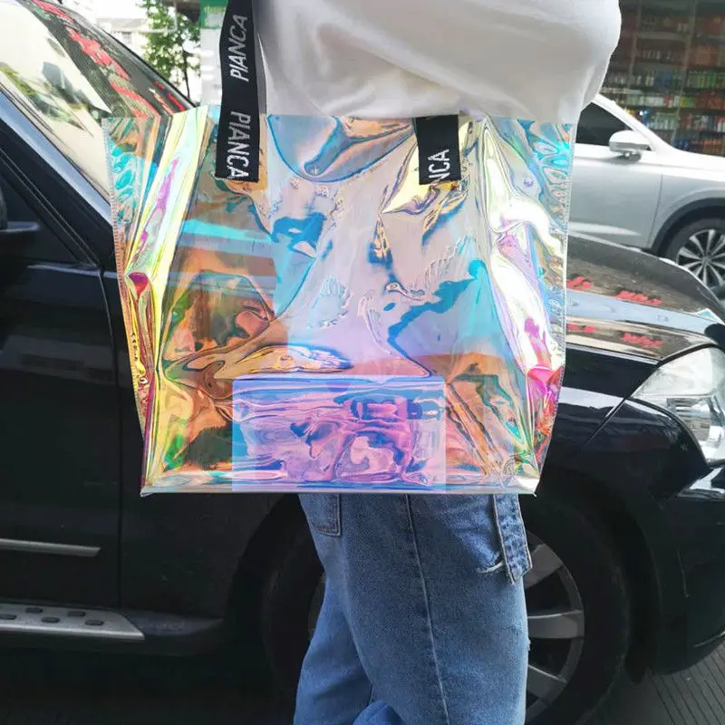 

43x33x10 large capacity Cute Transparent Bag Women Laser Clear Handbag Holographic Pvc Candy Beach Waterproof Shoulder Bag Jelly