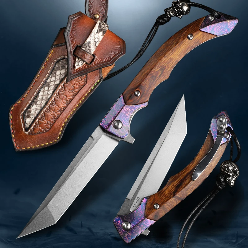 

Стальной складной нож M390 с кожаным чехлом, искусственная деревянная ручка, Портативный Карманный Походный охотничий нож, инструмент для вы...