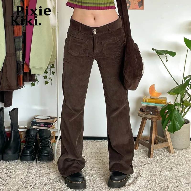 

PixieKiki вельветовые брюки зимние Y2k в эстетике с низкой посадкой коричневые прямые брюки винтажные повседневные брюки женская одежда