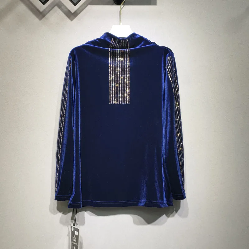

Plus size(L--6XL)women's spring and autumn fashion new gold velvet rhinestone turtleneck bottoming shirt Slim wild top T-shirt
