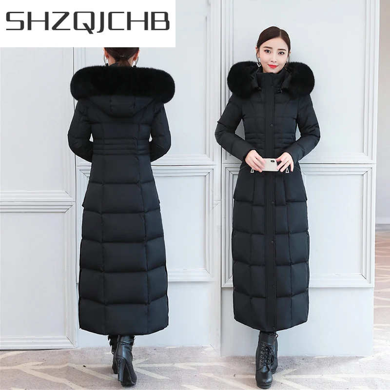 

SHZQ зимнее пальто Женская Толстая теплая брендовая куртка на 90% утином пуху Женская длинная парка 2021 Корейская одежда с капюшоном из лисьего ...