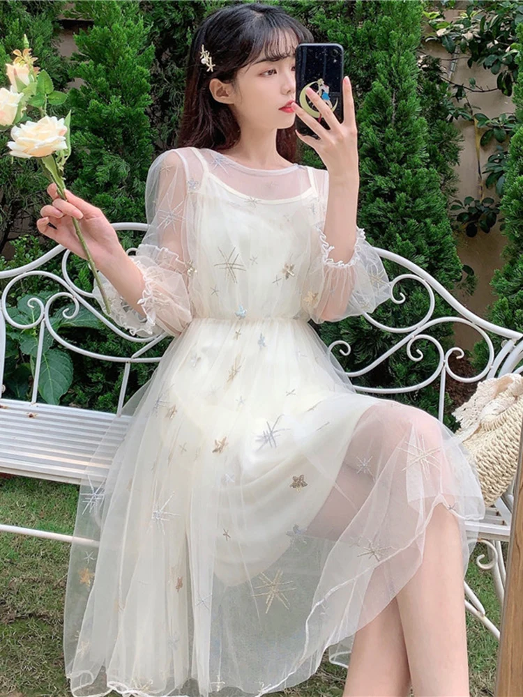 

French gauze fairy skirt summer 2021 new super Sen dress yarn skirt length fairy skirt off shoulder ruffle dress summer dress