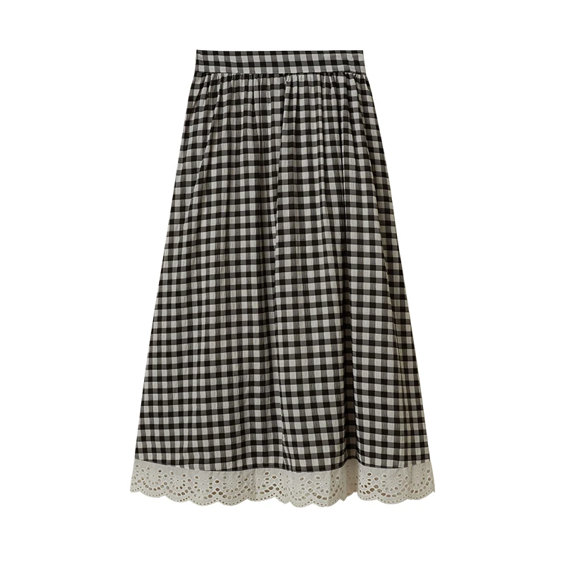 

Casual Ruffle Skirts Womens High Waist Plaid Slim Skirt Women Summer Vintage Female Lace Stitching Sweet Midi Skirt Streetwear