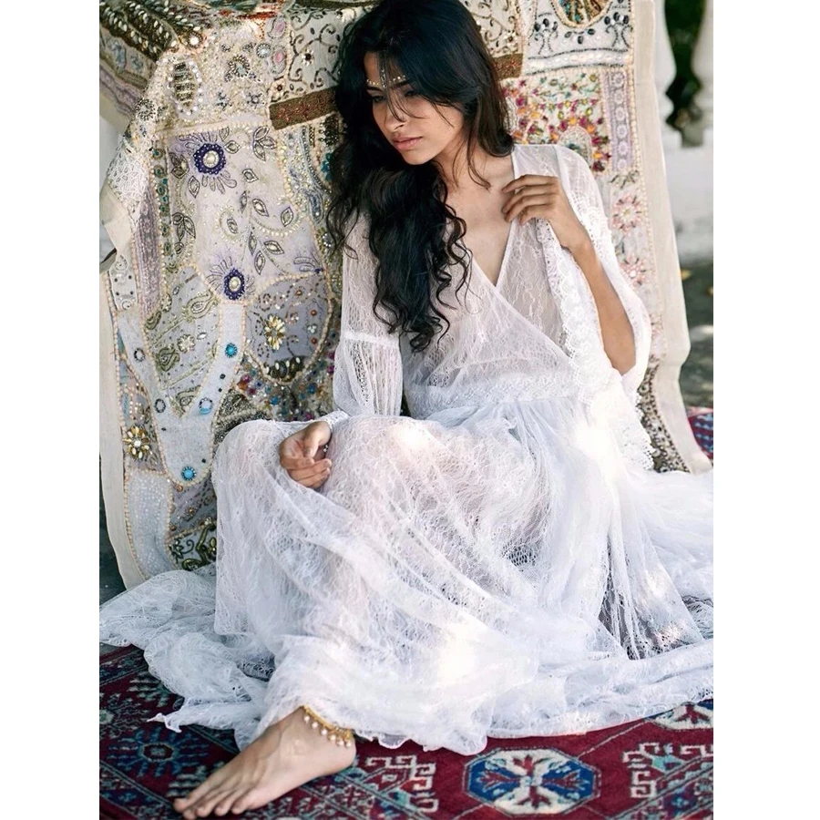 Женское кружевное платье макси с длинным рукавом и v образным вырезом|Женские