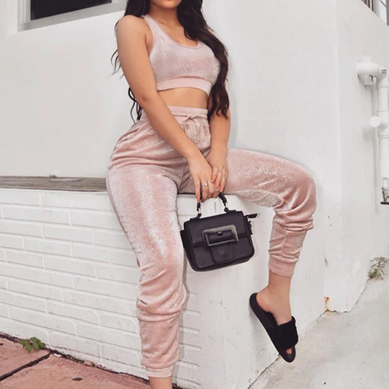 Летние женские спортивные костюмы розовый топ на бретелях и длинные штаны