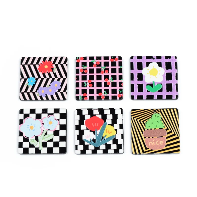 

10PCS Striped Checkered Flowers Cactus Cherry Handmade Earrings Making Connectors DIY Pendant Jewelry Findings Components Charms