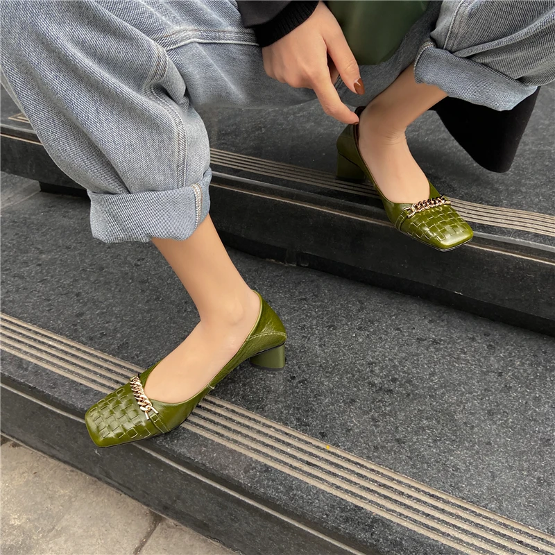 

Drestrive 2021 Spring Women Pumps Cow Leather Thick Heel Square Toe Shallow Chain New Arrival Casual Shoes Weave Blue