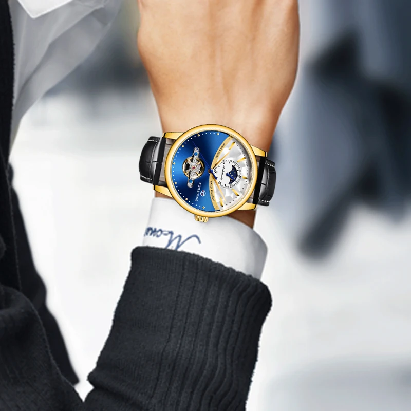 Forsining Tourbillon синие автоматические часы мужские классические Moonphase Дизайн Натуральная кожа Ремешок Водонепроницаемый Бизнес наручные часы подарок