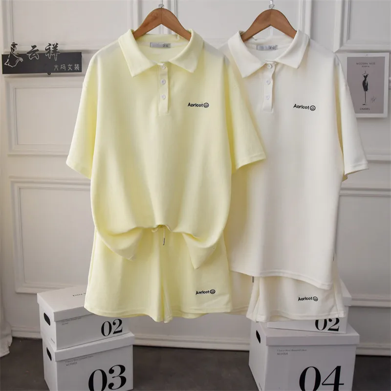 

Summer Women 2 Piece Set Outfits Casual Tracksuit Short Sleeve Turn Down Collar Pullover Top And High Waist Sweat Shorts