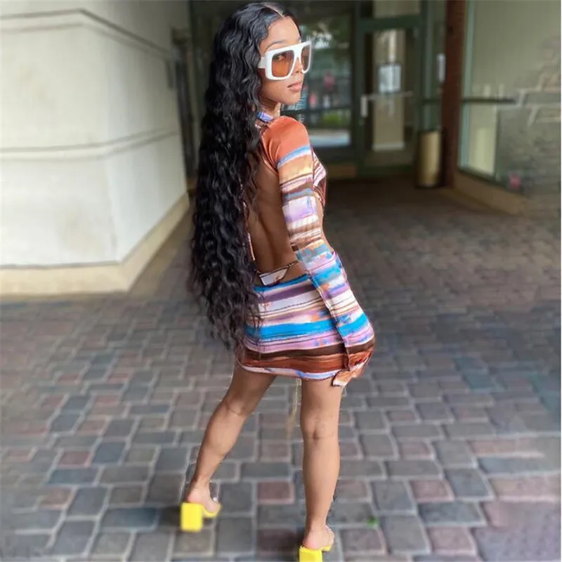

Women Casual Long-sleeved Dress Fashion Color Striped Halter Lace up Backless Skinny Short Dress 2020 New Ladies Mini Dresses