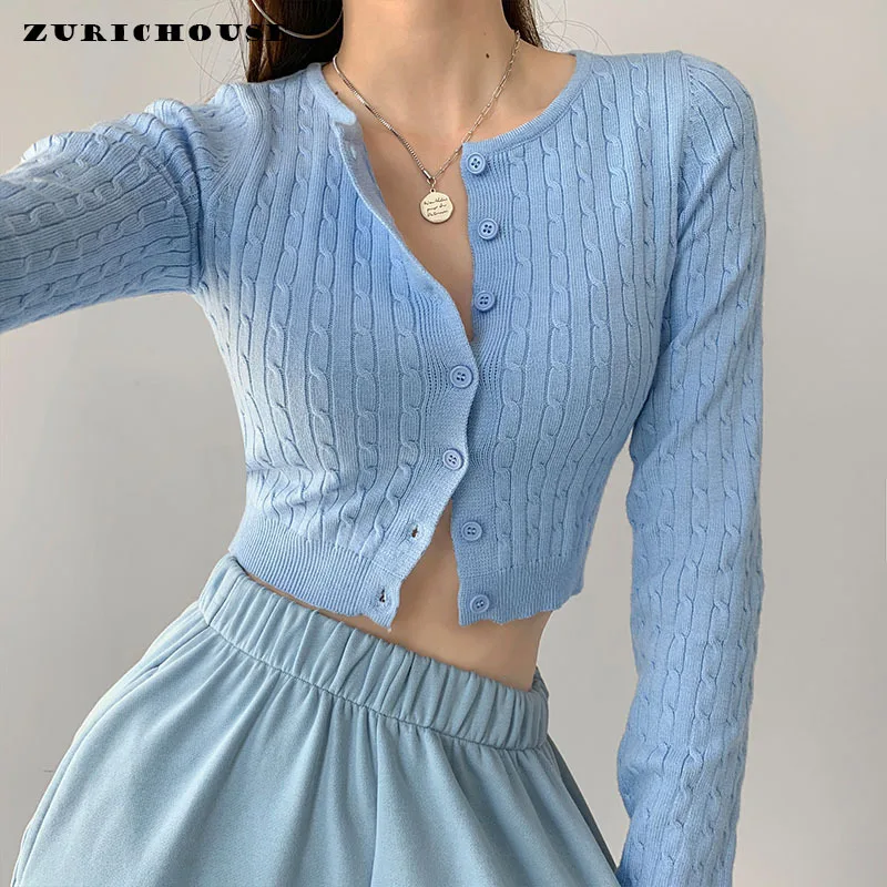 

ZURICHOUSE Cropped Knit Sweater Coat Women Casual O-neck Single-breasted Long Sleeve High Waist Slim Stretch Cardigan Outwear