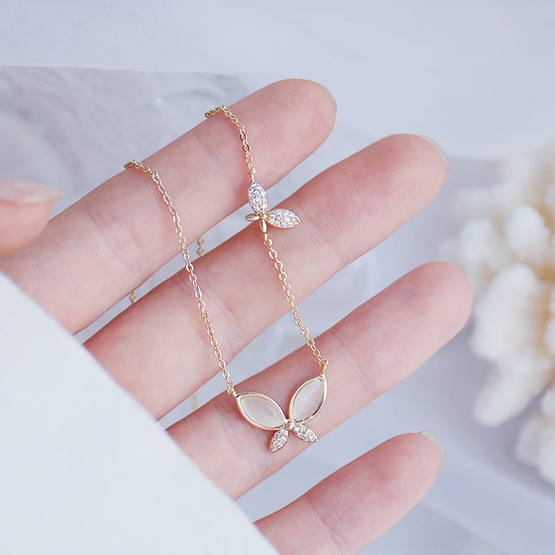 

Korean Exquisite 14k Real Gold Jewelry Lovely Butterfly Wings Chain Necklace for Women Pendant Brilliant AAA Zirconia Party Gift