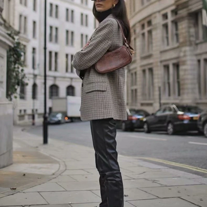 

YOSICIL Women Plaid Tweed Skirts Suit 2021 Spring Long Sleeve Houndstooth Office Blazer Jacket & Skirt 2 Pieces Sets Women Suits