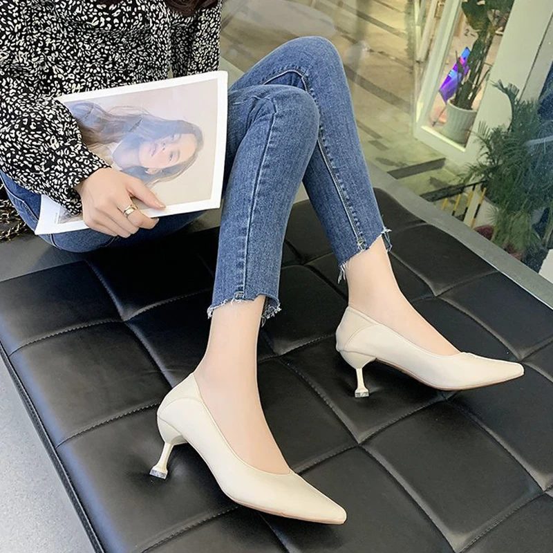 Women's Mid-Heel Pointed Leather High Heels,Ladies Simple Leather Work Shoes Fashion Casual Banquet 